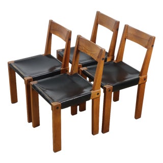 Vintage S24 Chairs in Elm and Black Leather by Pierre Chapo, 1970, Set of 4 For Sale