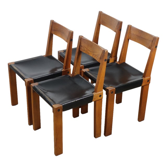 Vintage S24 Chairs in Elm and Black Leather by Pierre Chapo, 1970, Set of 4 For Sale