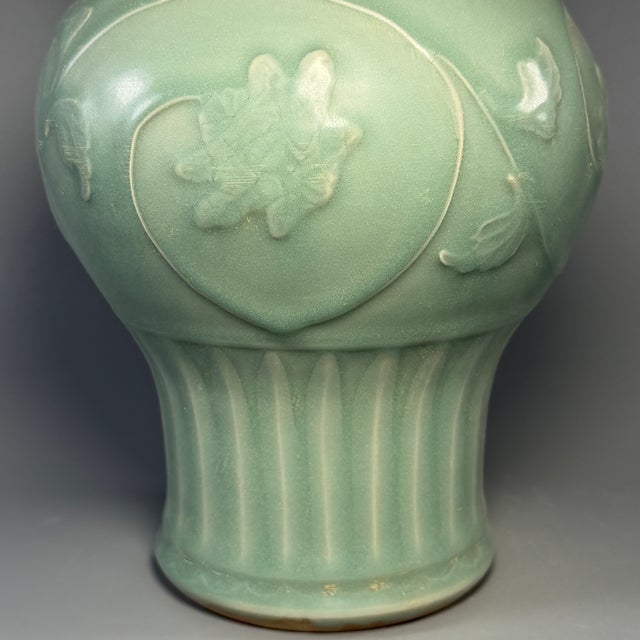 Ancient Chinese Longquan Celadon Peony Relief Gu Vase | One of a Kind For Sale - Image 4 of 7