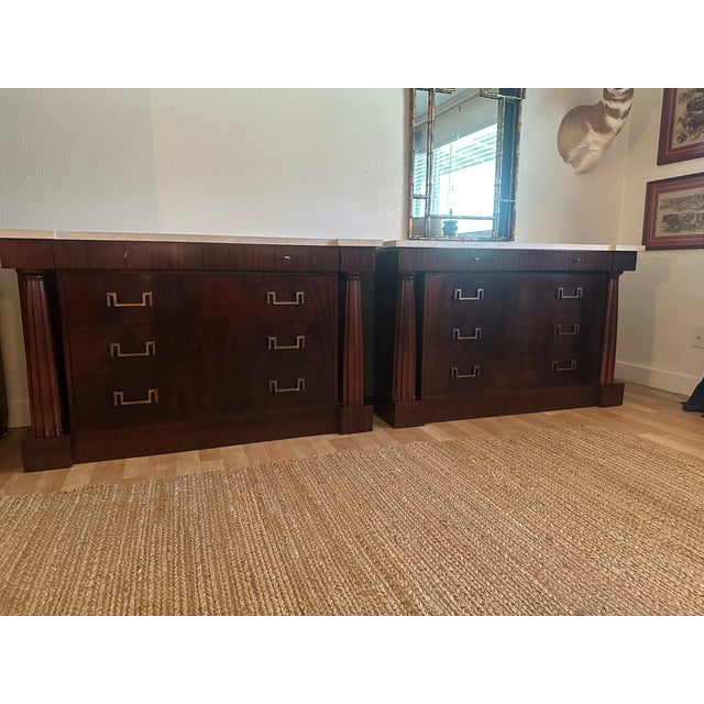 Pair of Baker Furniture Neoclassical Mahogany Chests With Original Stone Tops & Brass-Tone Hardware For Sale - Image 12 of 14