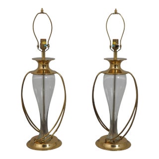 Pair Chapman Modern Design Brass & Glass Table Lamps For Sale