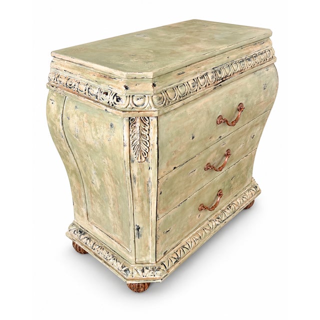A beautifully restored French Provincial chest of drawers featuring a hand-painted celadon and neutral palette with an...