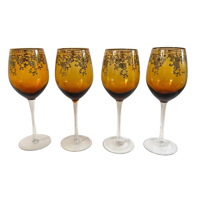 Mid-Century Modern Vintage Amber & Gold Gilt Bohemian Decanter & 4 Wine Glasses. MCM For Sale - Image 3 of 11