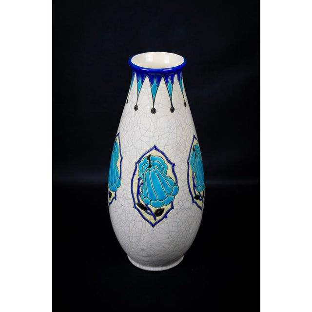 Art Deco Vase in Glazed Crackled Earthenware with Blue Flowers by Maurice Dufrene for Keramis, La Louviere, Belgium, 1920s For Sale - Image 15 of 15