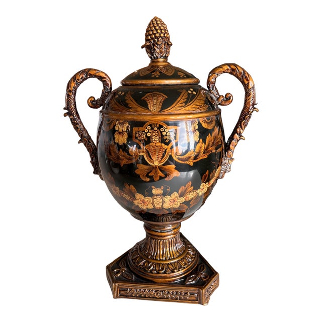 1990s Elegant Timeless Black and Gold Ornate Traditional Grecian Urn, 17" Tall For Sale