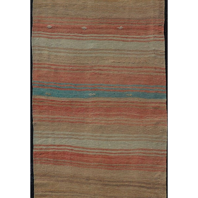 Traditional Vintage Turkish Kilim Runner With Stripes in Orange, Taupe, Tan, Cream & Blue For Sale - Image 3 of 11