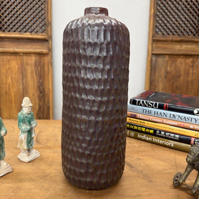 Textured Ceramic Vase in Reddish-Brown & Olive Green Finish For Sale - Image 4 of 10