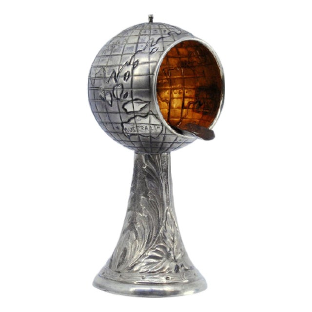Globe-Shaped Silver Ashtray with Flowers and Palms Engraved Column For Sale
