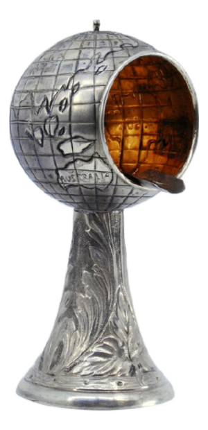 Globe-Shaped Silver Ashtray with Flowers and Palms Engraved Column