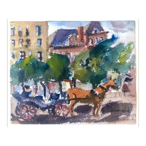 Samuel Grunvald. 1940's American WPA Modernist New York Watercolor Painting 59th st Central Park, c.1940s