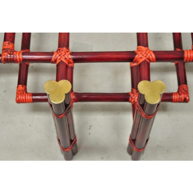 Vintage McGuire Red Rattan Bamboo and Brass Glass Top Square Coffee Table For Sale In Philadelphia - Image 6 of 12