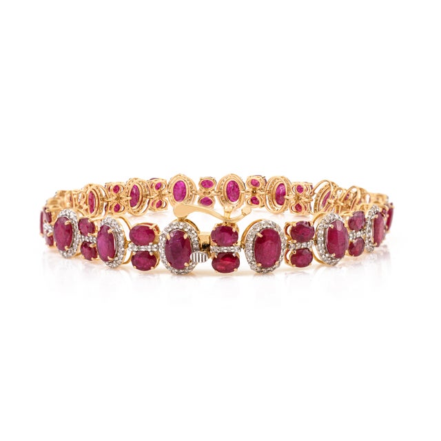 Metal 12.57 Carats Mozambique Rubies Studded With Diamonds in 14k Solid Gold Bracelet For Sale - Image 7 of 14