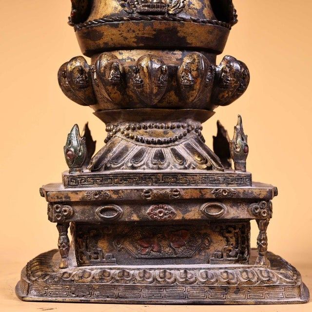 Metal Large Vintage Gilt Bronze Tibetan Stupa - Himalayan Buddhist Chorten Altar Shrine For Sale - Image 7 of 10