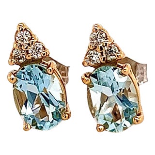Natural Aquamarine Diamond Earrings 14k Y Gold 1.85 TCW Certified For Sale