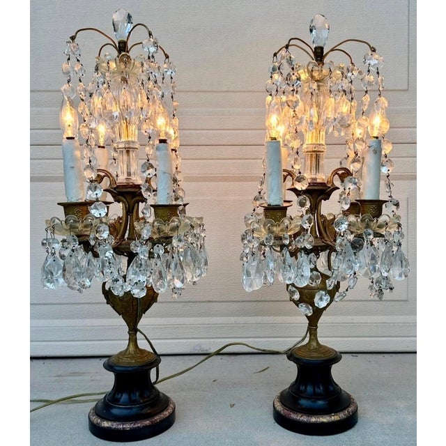French French Antique Girandole Candelabra Crystal Chandelier Table Lamps - a Pair For Sale - Image 3 of 18