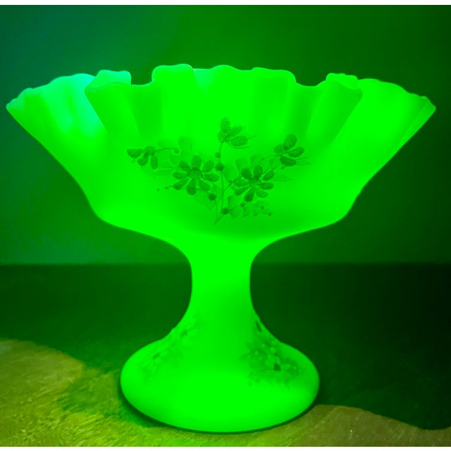 Fenton Art Glass Company 1970s Fenton Uranium Glass Daisies on Custard Round Pedestal Compote For Sale - Image 4 of 12