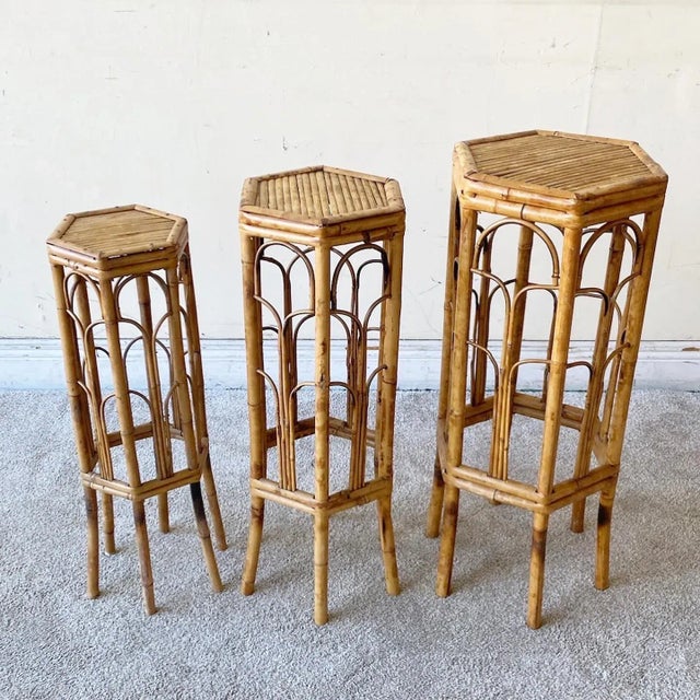 Boho Chic Boho Chic Hexagonal Tortoise Shell Bamboo Nesting Pedestals For Sale - Image 3 of 11