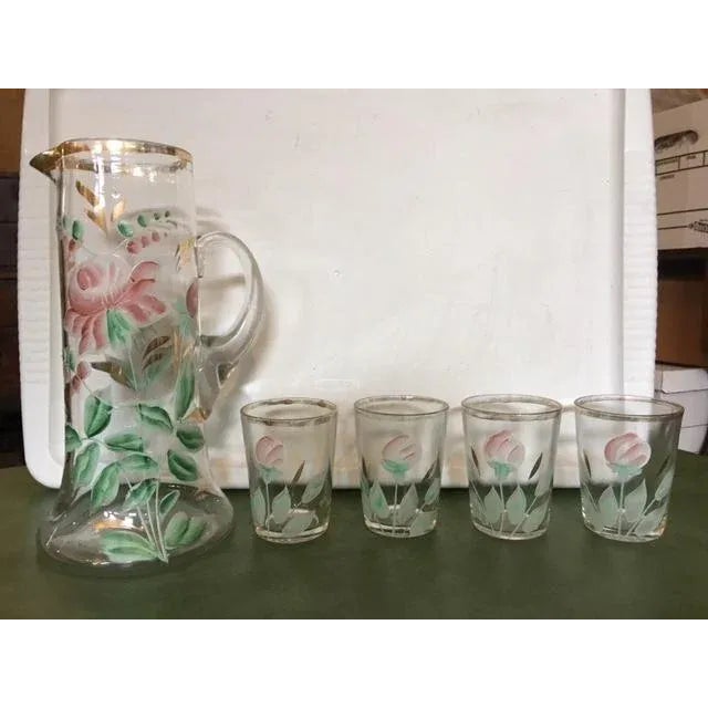 1900 - 1909 Antique Northwood Handblown Hand-Painted Pitcher & 4 Glasses For Sale - Image 5 of 13