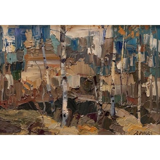 November Sketch by Robert Moore | Oil on Panel Landscape with trees and rocks in autumn colors For Sale