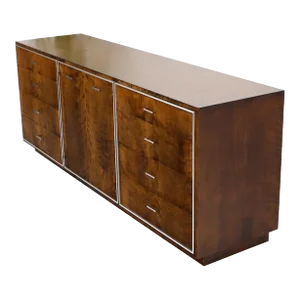 John Stuart mid-century modern long burl walnut dresser credenza w/ Chrome bezel