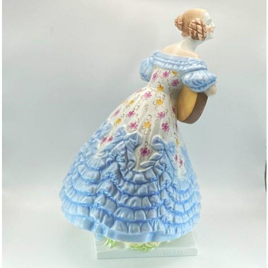 Herend Deryne (Mrs. Dery) Large 14” Porcelain Figure: Woman With Guitar/Mandolin (Blue Gown, Floral Motifs) Ligeti Early Mark, Vintage #5753 For Sale - Image 11 of 18