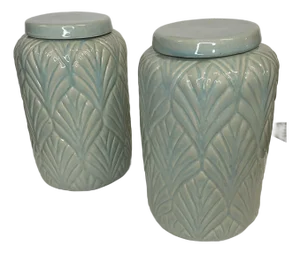 Pair of Celadon Jars With Ginko Leaf Motif