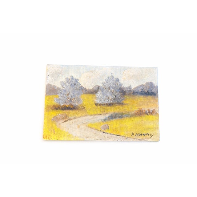 Vintage MCM Impressionist Landscape Oil Painting – Blossoming Trees & Yellow Meadow, Signed A. Novotny, 5x7 For Sale In San Diego - Image 6 of 6