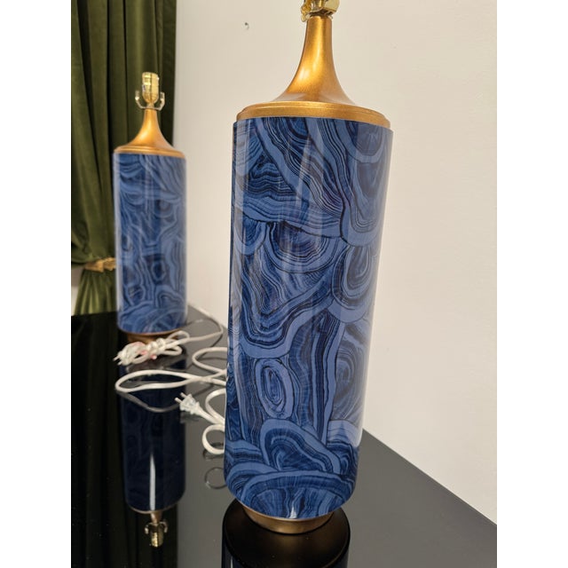 Early 21st Century Transitional Navy Blue Malachite Pattern Lamps by John Richards - a Pair For Sale - Image 5 of 12