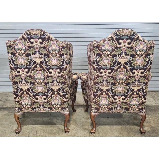 Brown Late 20th Century Pair Southwood Mahogany Philadelphia Style Wing Chairs Needlepoint Fabric For Sale - Image 8 of 11