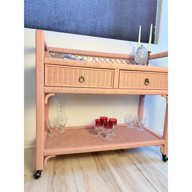 Henry Link Vintage Henry Link Wicker Bar Cart / Side Table - Two Drawers & Casters For Sale - Image 4 of 12