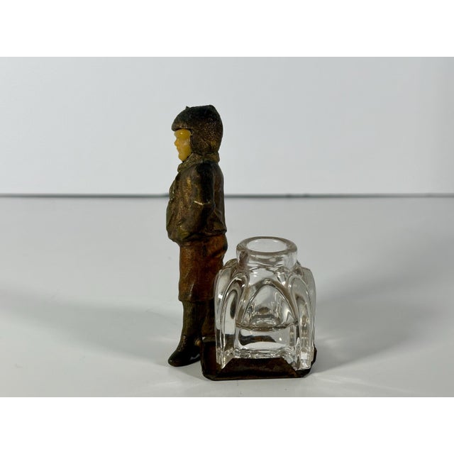 Early 20th Century Antique Bronzed Spelter Ivorine Celluloid Sporting Tennis Figural Inkwell For Sale - Image 5 of 10