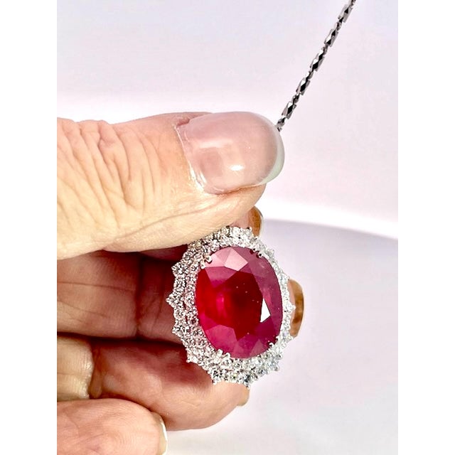 Modern Huge Ruby Faceted 17.59 Carats W/ 2.21 Diamond Surround For Sale - Image 3 of 12