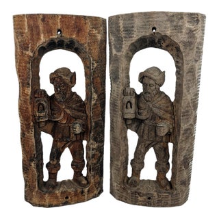 Pair of Mid-Century European Hand-Carved Wood Watchman Figural Relief Panels, Brown For Sale