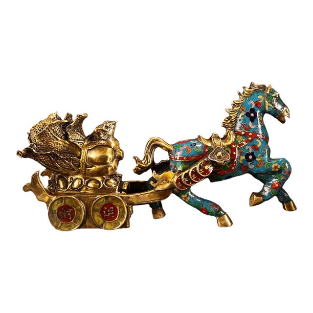 Large Vintage Cloisonné Horse Pulling Treasure Cart - 15.7" Wide For Sale