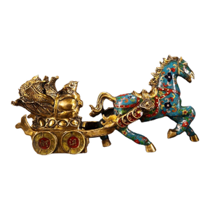 Large Vintage Cloisonné Horse Pulling Treasure Cart - 15.7" Wide