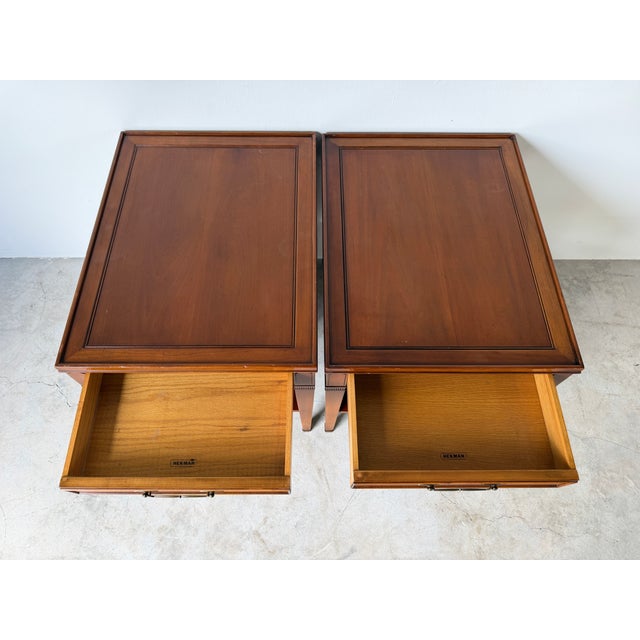 1980s Vintage Hekman Neoclassical Style Wood End Tables With Drawers – A Pair For Sale - Image 5 of 17