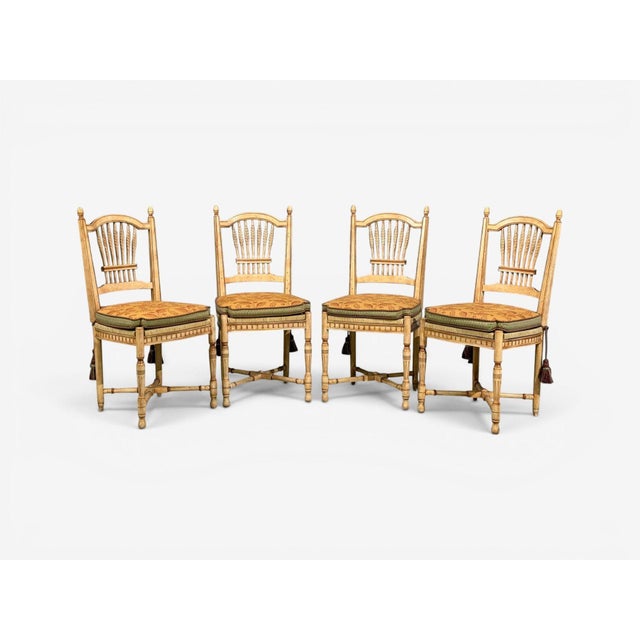 1940s Regency, Four Dining Chairs, Painted Wood, Straw, Fabric, Usa, 1940s For Sale - Image 5 of 15