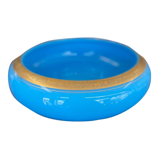 Mid 19th Century French Blue Opaline Glass Bowl With Intricate Gilded Fruit and Vine Border For Sale