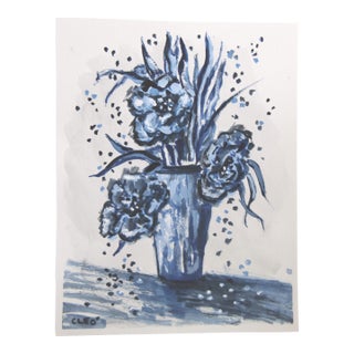 Still Life Botanic Floral Impressionism Pop Art Expressionism Navy Blue Original Painting by Cleo Plowden For Sale