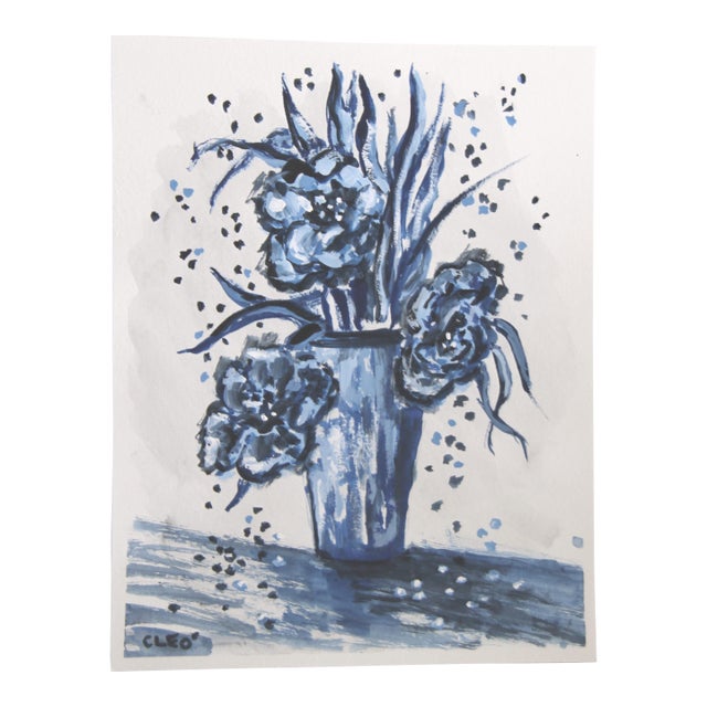 Still Life Botanic Floral Impressionism Pop Art Expressionism Navy Blue Original Painting by Cleo Plowden For Sale