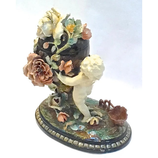Antique French Barbotine Majolica Cherub & Floral Urn Jar For Sale - Image 4 of 11