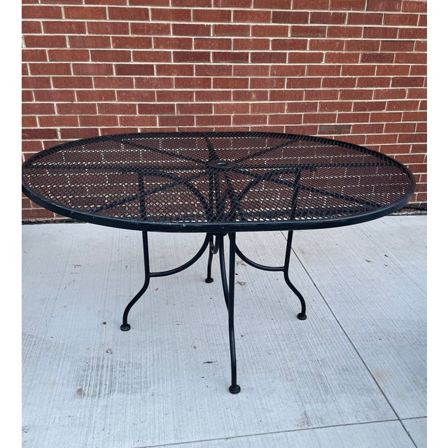 Vintage Wrought Iron Patio Garden Set 6 Chairs 54" Oval Table Minimalist For Sale - Image 13 of 17