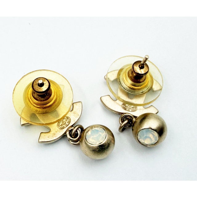 2000 - 2009 Chanel Vintage Gold Plated CC Pearl Opal Dangle Small Piercing Earrings, A Pair For Sale - Image 5 of 5