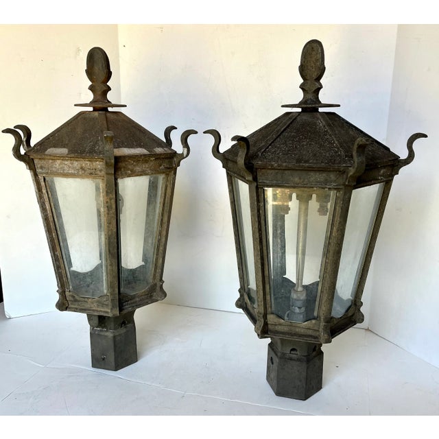 Early 20th Century Antique Early 1900s Gas Iron Lamp Post Lanterns - A Pair For Sale - Image 5 of 12