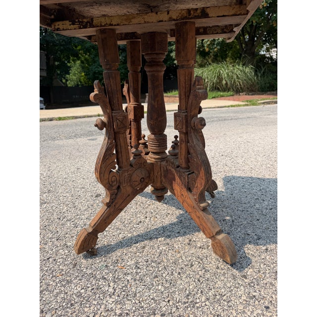 Wood Antique Victorian Barn House Carved Wood Table For Sale - Image 7 of 9