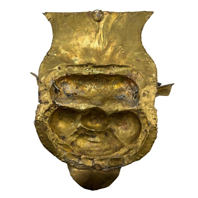 Metal Vintage Tibetan Gilt Copper Jeweled Ritual Mask With Coral and Turquoise Inlay For Sale - Image 7 of 11