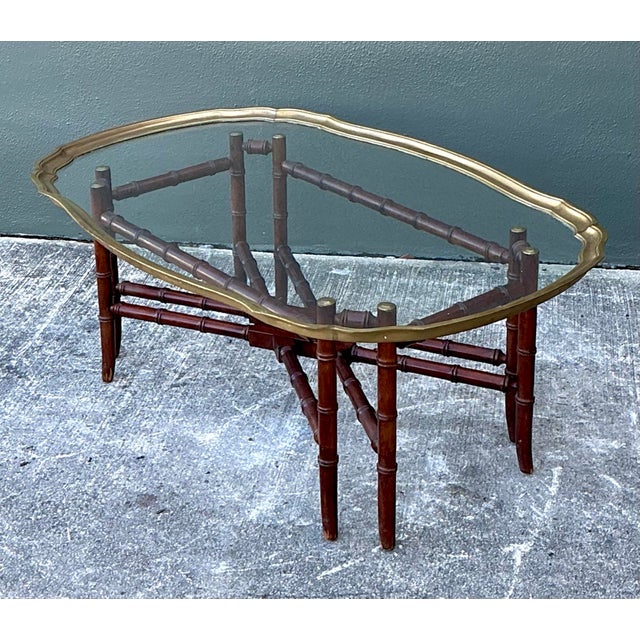Vintage Carved Bamboo Coffee Table With Brass Framed Glass Top For Sale - Image 10 of 12