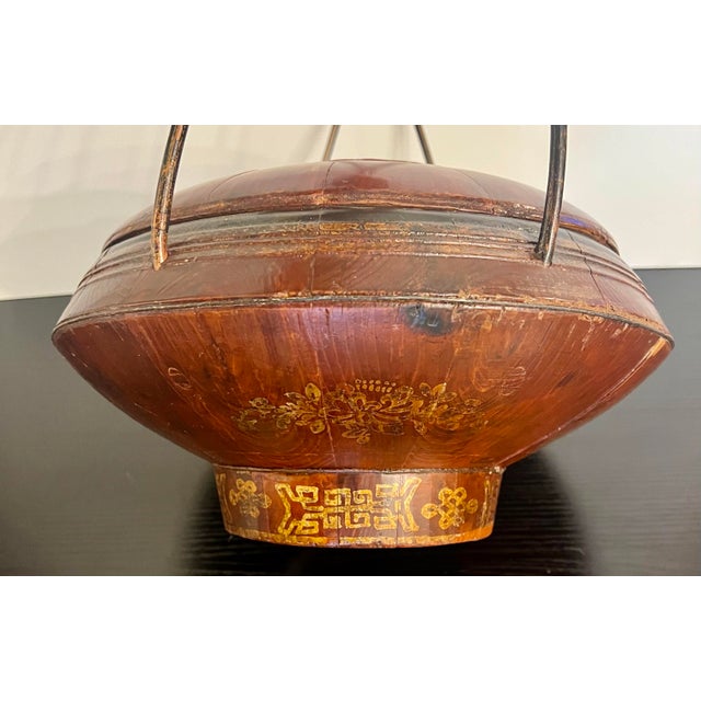 Beautiful antique hand-crafted Chinese wooden wedding basket dating to approximately 1890–1915 (Late Qing Dynasty to Early...
