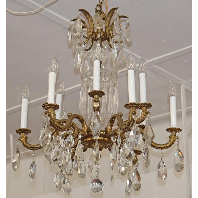 1950's Hollywood Regency French Style Brass & Crystal 12 Light Chandelier For Sale - Image 14 of 14