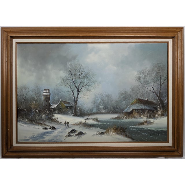 Wood Mid 20th Century Large Signed H. Wood Original Oil Painting of European Winter Village Landscape – Framed For Sale - Image 7 of 16